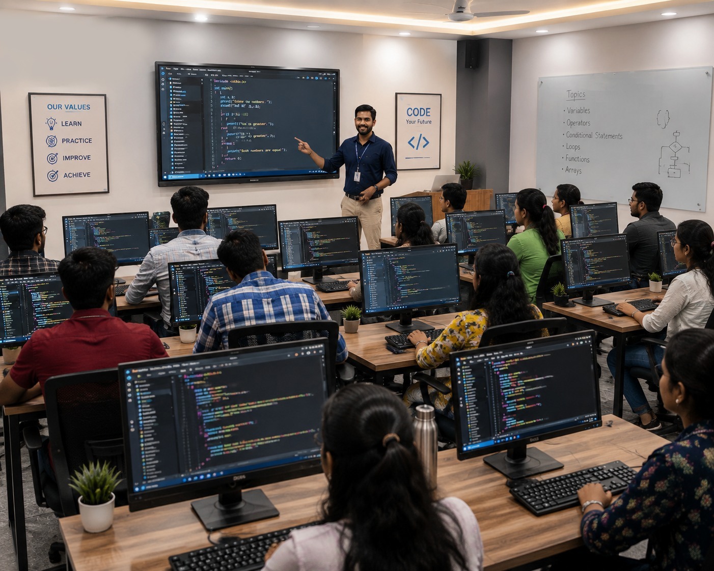 Diverse group of students in a coding workshop