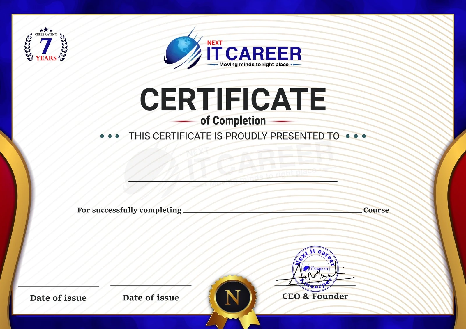 Next IT Career — Certificate of Completion. Celebrating 7 Years. Moving minds to right place.