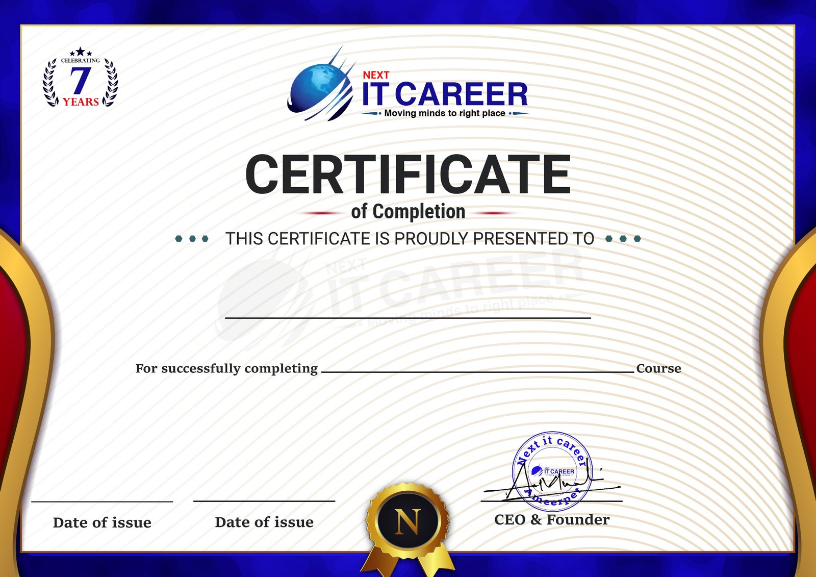 Next IT Career — Certificate of Completion. Celebrating 7 Years. Moving minds to right place.